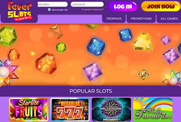 Fever Slots Homepage with the welcome bonus offer