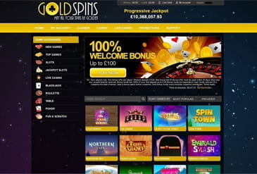 Gold Spins casino homepage.