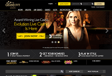 Preview of the Grand Ivy Casino Homepage