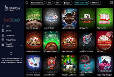 Preview of the Griffon Casino game selection.