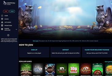 Homepage of the Griffon Casino website.