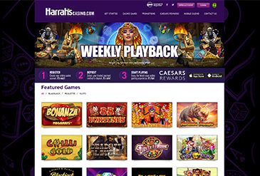 Homepage of the Harrah's Casino gambling platform for NJ