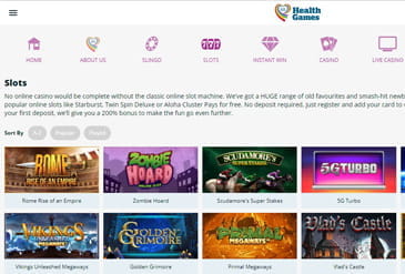 Selection of slots at Health Games casino.