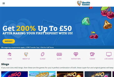 Health Games casino homepage displaying a welcome bonus offer.