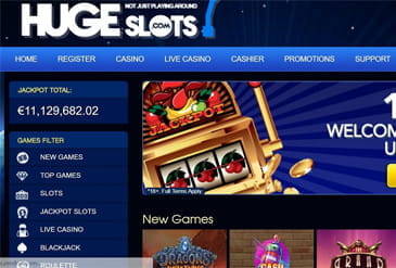 Huge Slots Casino homepage displaying a welcome bonus and new games.