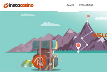 Instacasino homepage displaying a mountain with luggage and a map placed in front, and text that reads: Welcome Offer. width=