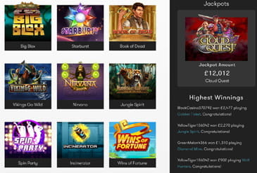 Variety of games offered on InterCasino's website with a side display sharing the highest jackpot winnings.