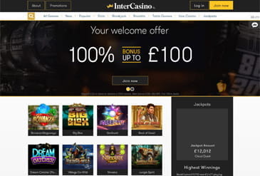 Homepage of InterCasino displaying a welcome offer and selection of casino games.