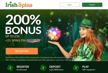 Irish Spins homepage displaying the welcome bonus offer.