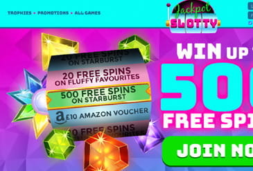 Jackpot Slotty homepage displaying a welcome bonus offer of up to 500 free spins.