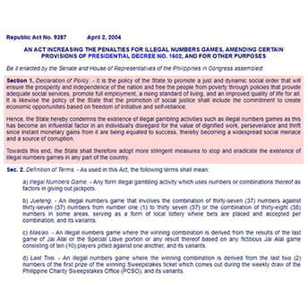 A highlighted section of the Republic Act No. 9287, explaining the definitions of illegal games in the Philippines.