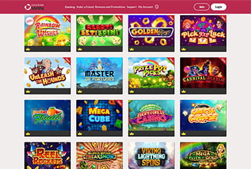 The game selection at the PocketWin online casino, including slots, table games, and bingo.