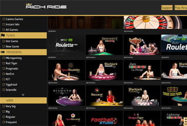 Selection of casino games available at Rich Ride.
