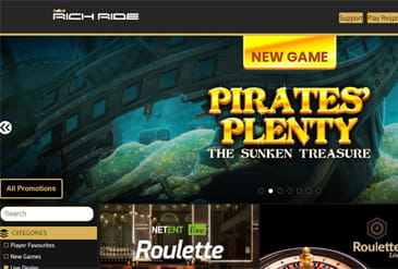 Rich Ride homepage displaying the new casino game: Pirates' Plenty.