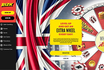 Rizk homepage displaying the Wheel of Rizk and welcome offer.