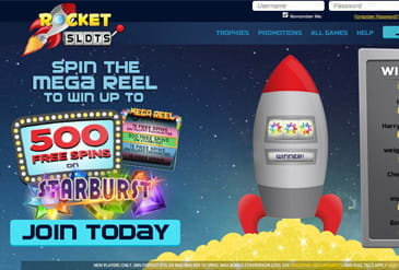 Rocket Slots homepage displaying a Mega Reel welcome bonus.