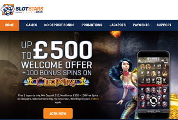 The Slot Stars homepage with a welcome bonus offer