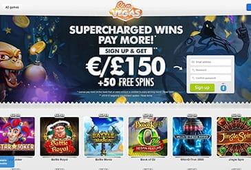 The Slotty Vegas homepage, displaying the latest bonus offer and top slot games.