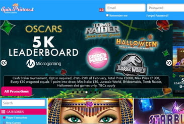 Spin Princess Casino Homepage.