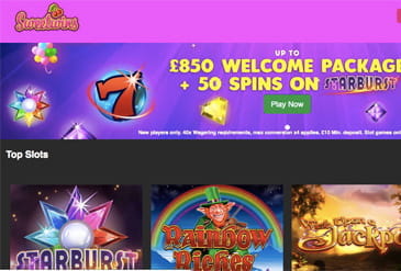 The Sweet Wins casino homepage with its attractive welcome bonus