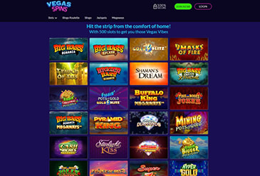 Vegas Spins homepage displaying a welcome bonus offer.
