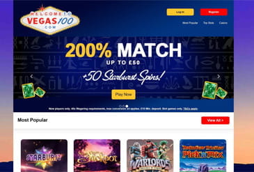 Vegas100 homepage displaying a welcome bonus offer and four of the most popular casino games.