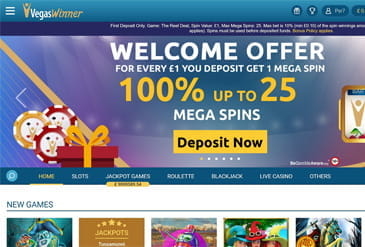 VegasWinner homepage displaying a Mega Spins welcome offer.