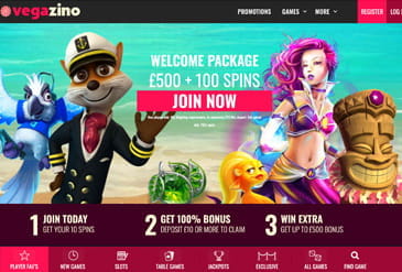 Vegazino homepage displaying the online casino's welcome package.