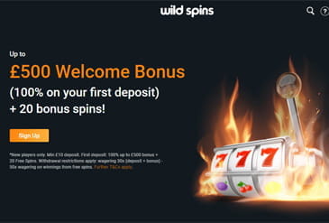 Wild Spins homepage displaying text about the welcome bonus offer.