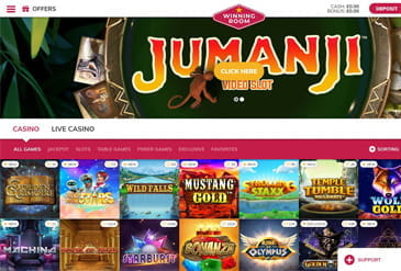 WinningRoom Casino homepage displaying the Jumanji Video Slot and other popular games.