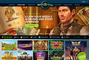 The homepage of Wixstars Casino showing some games and a promotional offer.