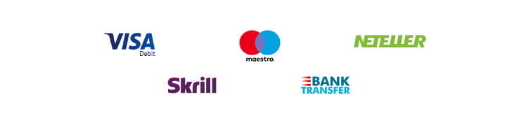 Payment methods including Visa debit, Maestro, Neteller, Skrill, Bank Transfer