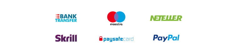 Payment methods including Bank Transfer, Maestro, Neteller, Skrill, Ukash, paysafecard, PayPal.