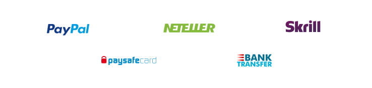 Payment methods including PayPal, Neteller, Skrill, paysafecard, bank transfer