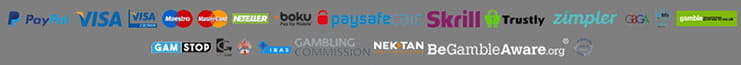 Payment options at Vegas100 including Paypal, Visa, Maestro, Mastercard, Neteller, Boku, Paysafecard, Skrill, Trustly and Zimpler.