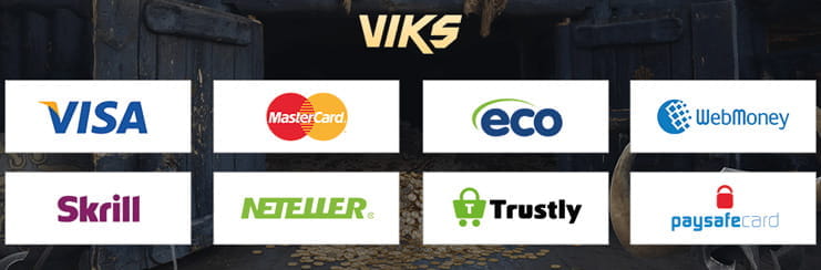 Payment options at Viks including Visa, Mastercard, Payz, Webmoney, Skrill, Neteller, Trustly and Paysafecard.