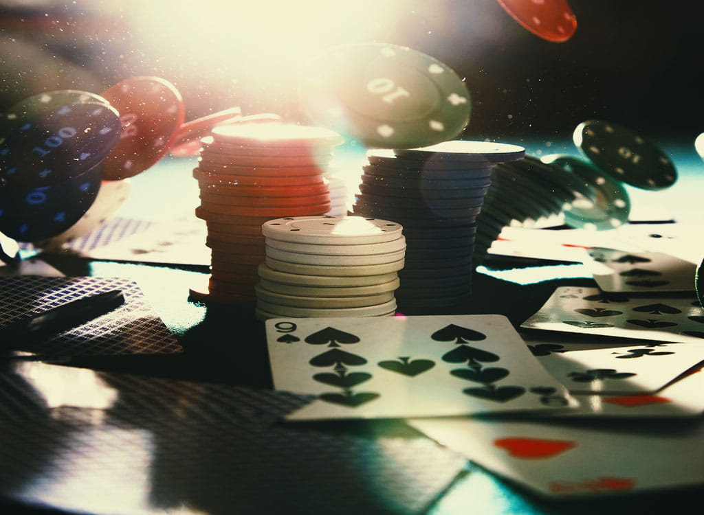 A Poker Table with Piles of Poker Chips On It 