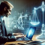 A person on laptop and scales of justice