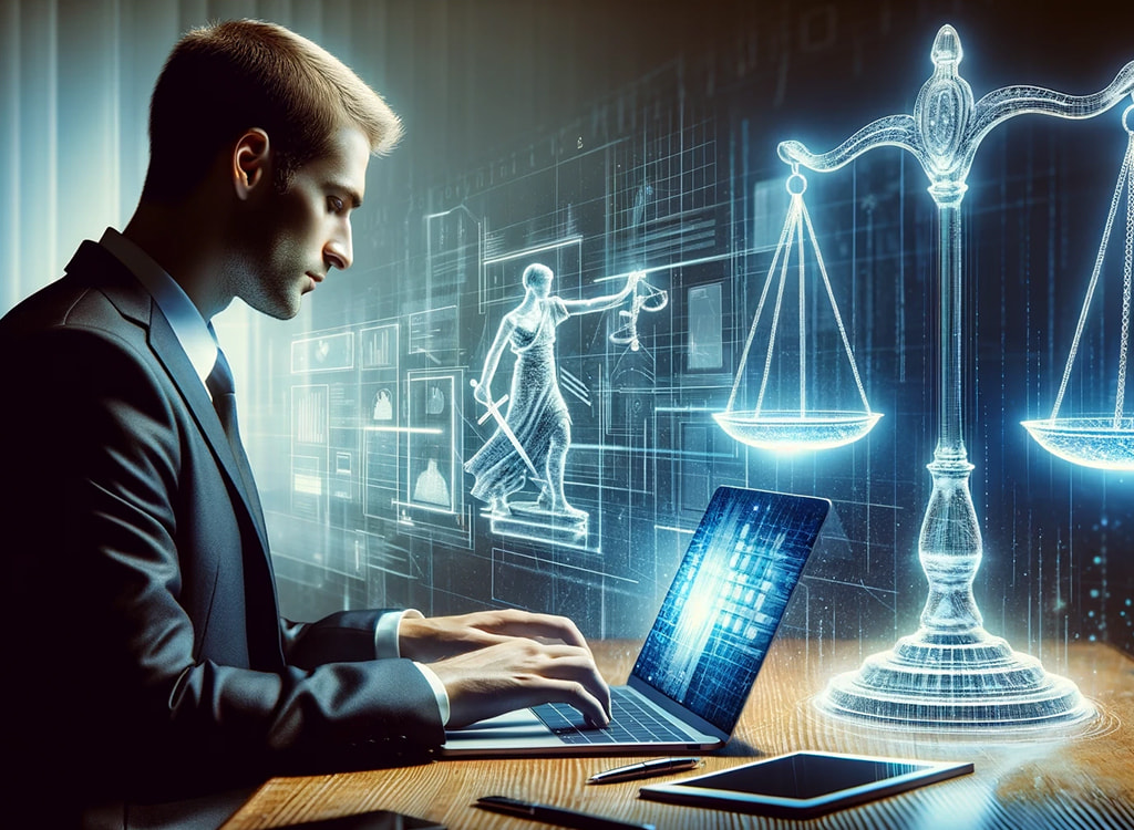 A person on laptop and scales of justice