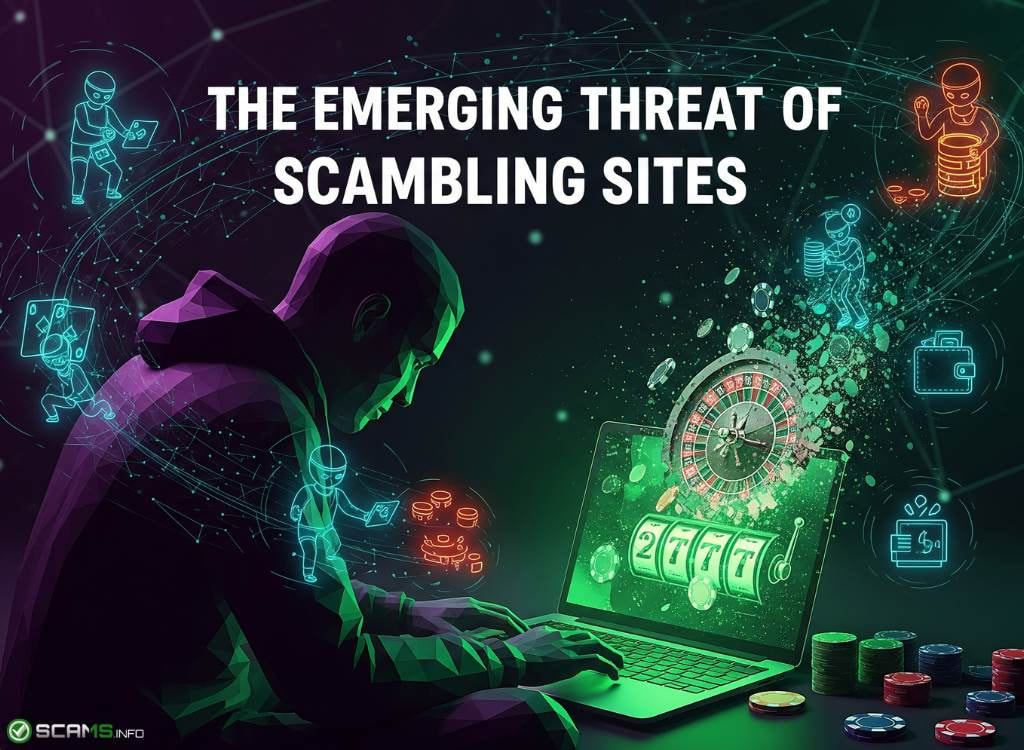Hacker using laptop with roulette and slot graphics highlighting the emerging threat of scambling sites.