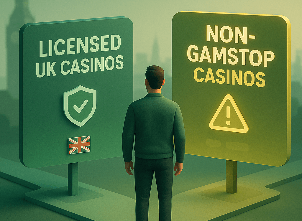 Person choosing between Licensed UK Casinos and Non-GamStop Casinos.