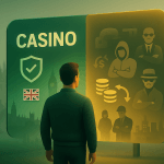 Person standing before a divided casino sign showing licensed UK casinos on one side and unlicensed risks on the other, with London and Southeast Asian skylines in the background.